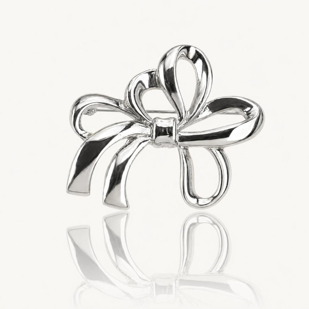 Vintage Silver Tone Ribbon Bow Brooch Polished Fluid Design Statement Pin